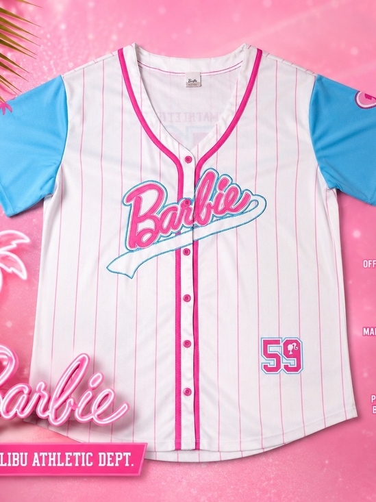Barbie Tops - Barbie Malibu Athletic Dept 59 Baseball Jersey Women's Medium Pink Blue ButtonUp